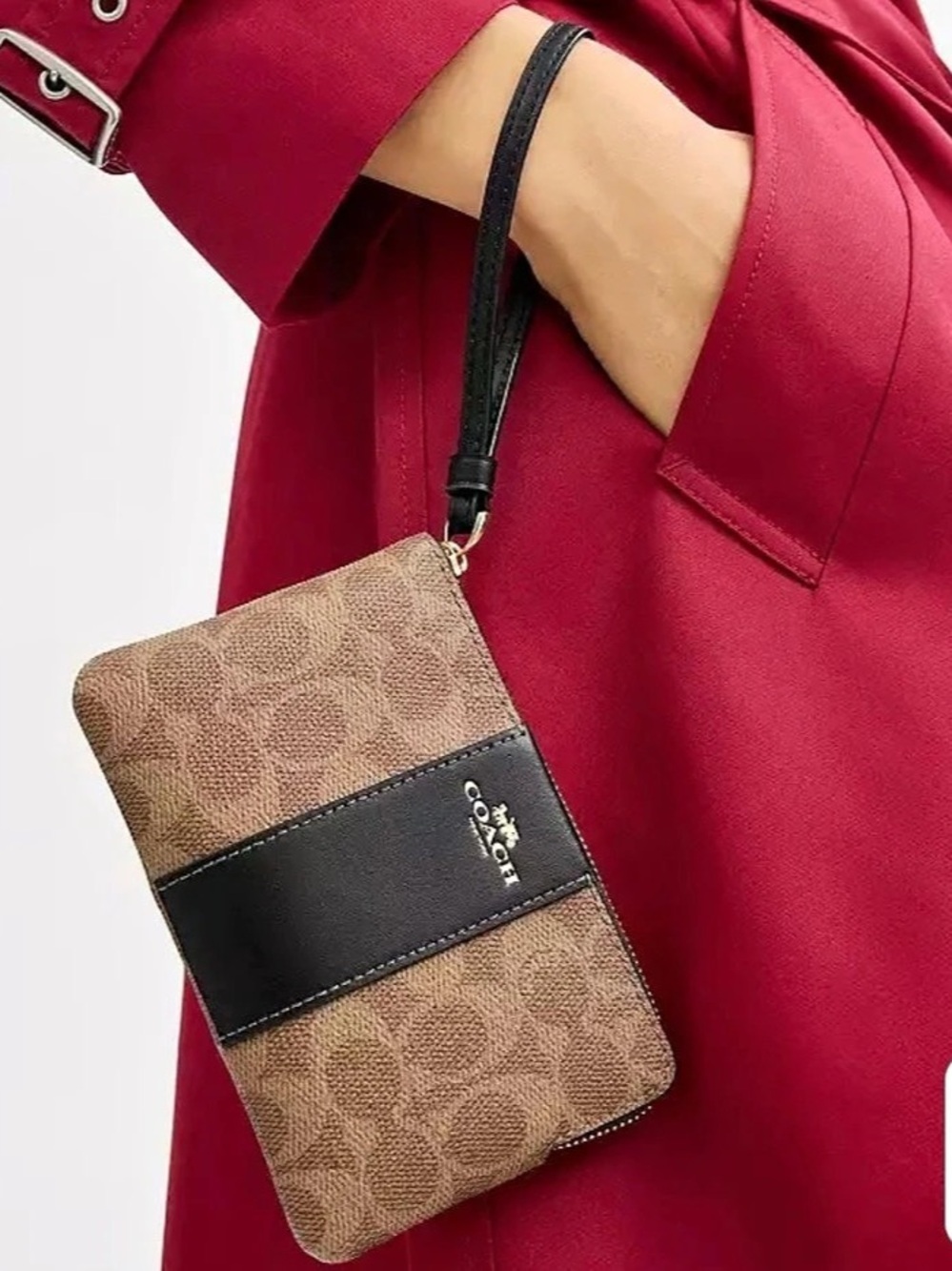 Coach Corner Zip Wristlet In Signature Canvas With Stripe Signature Canvas Brown